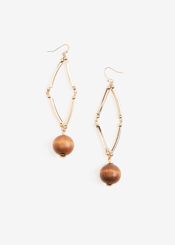 Gold Tone Wood Bead Earrings, Brown Combo image number 0