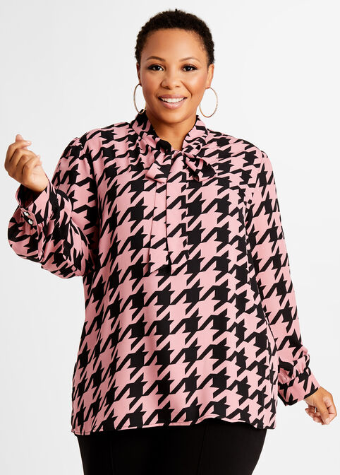 Houndstooth Tie Neck Button Up Top, Foxglove image number 2