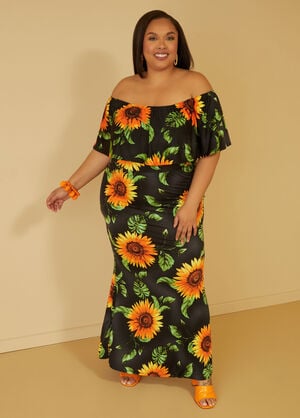 Off The Shoulder Sunflower Dress, Black Combo image number 0