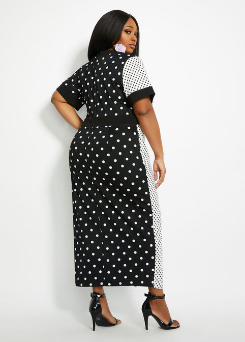 Dot Colorblock Slit Front Dress, Black White image number 1