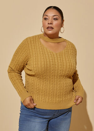 Cutout Cable Knit Sweater, Pale Gold image number 0