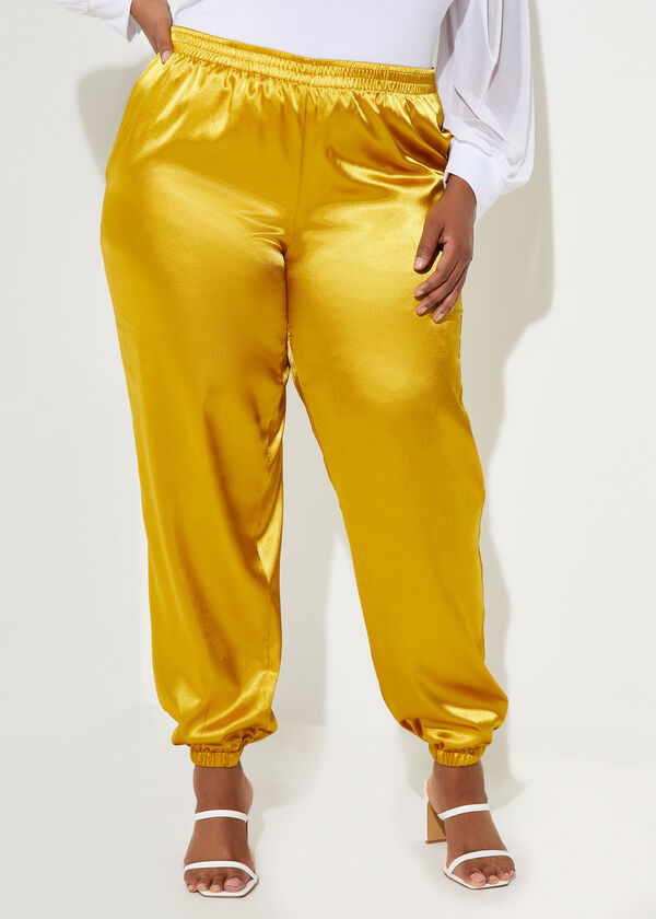 Mid Rise Satin Joggers, Gold image number 0