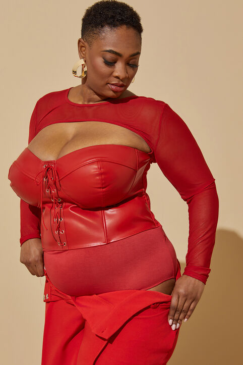Faux Leather And Mesh Bodysuit, Red image number 3