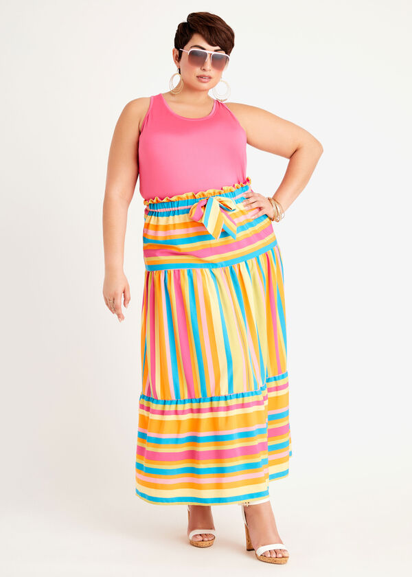 Tie Waist Stripe Maxi Skirt, Geranium Pink image number 2