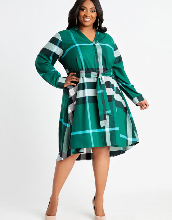 Belted Plaid A Line Shirtdress, Green image number 0