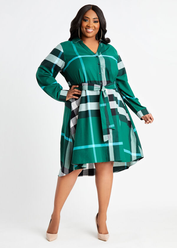 Belted Green Plaid A Line Shirtdress, Green image number 0