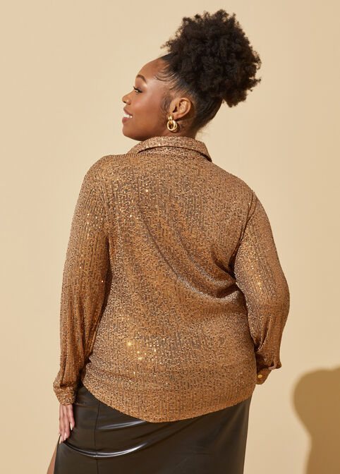 Sequined Mesh Shirt, Gold image number 1