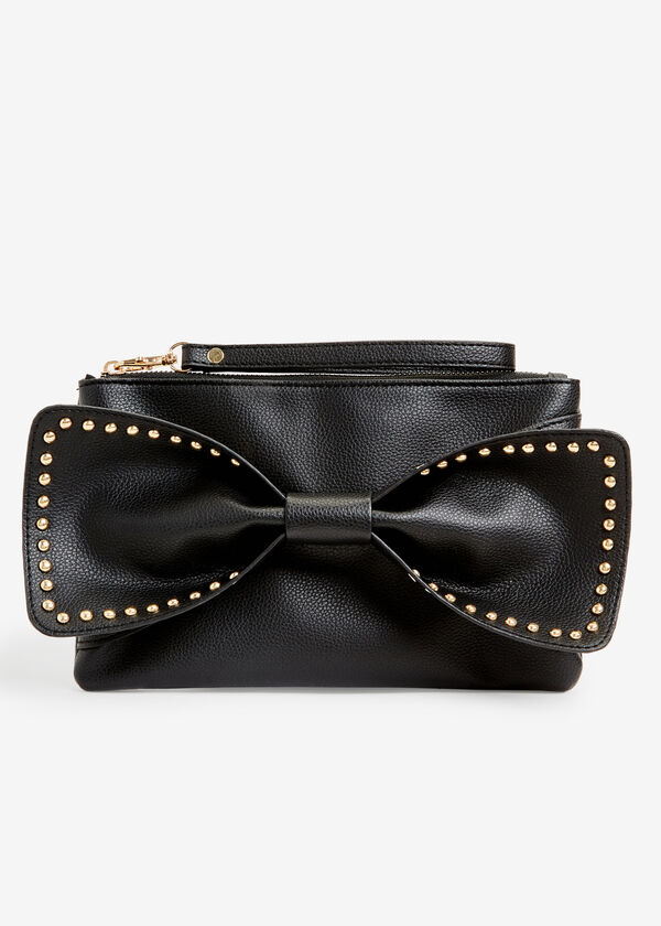 Studded Bow Faux Leather Clutch, Black image number 0