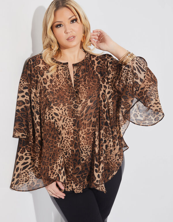 Layered Leopard Print Blouse, Tan image number 0
