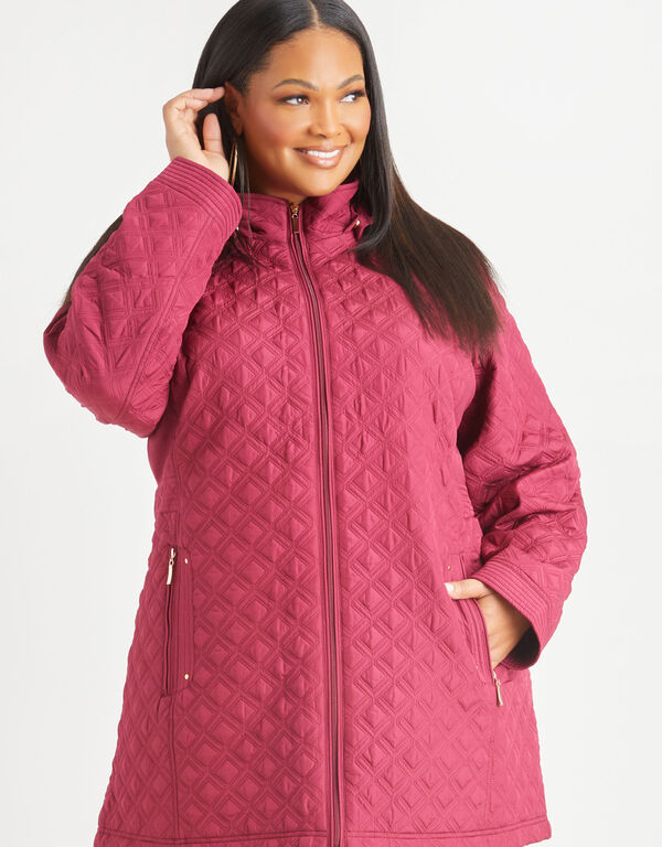 Ribbed Knit Paneled Quilted Coat, Rhododendron image number 0