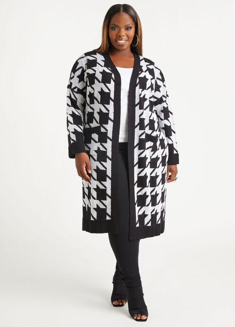 Houndstooth Intarsia Duster Cardigan, Black White image number 0