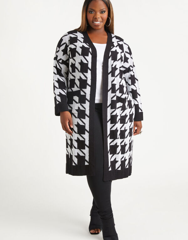 Houndstooth Intarsia Duster Cardigan, Black White image number 0