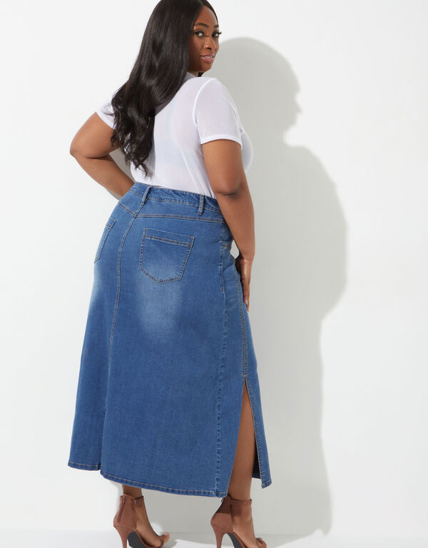 Side Split Denim Maxi Skirt, Medium Blue image number 1
