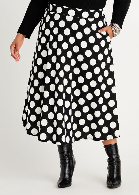 Dot Flared Midi Skirt, Black White image number 0