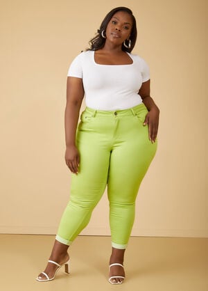 Cuffed Stretch Denim Skinny Jeans, LIME PUNCH image number 0