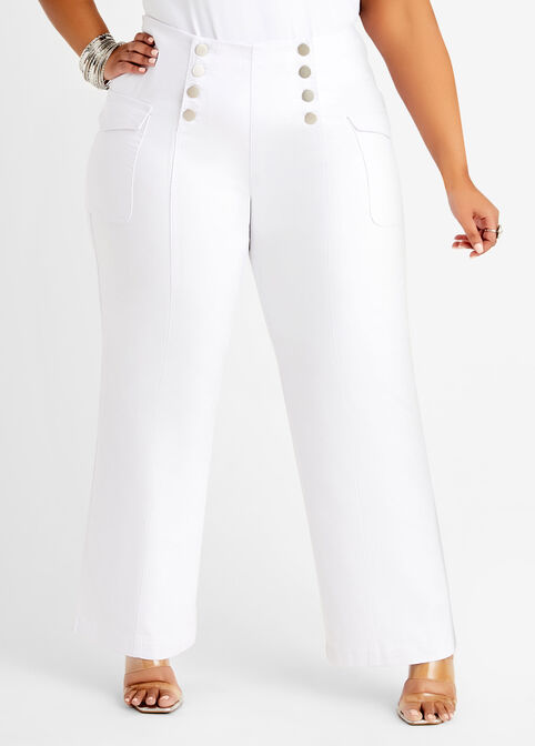 White Sailor Button Wide Leg Jeans, White image number 0