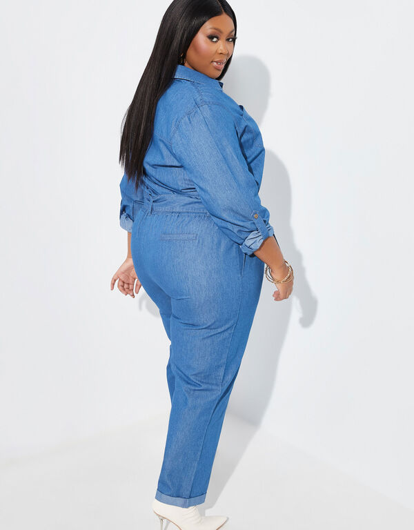 Belted Chambray Utility Jumpsuit, Denim image number 1