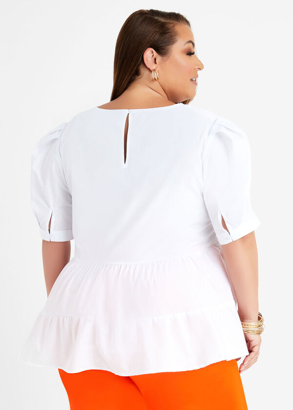Cotton Blend Tiered Blouse, White image number 1