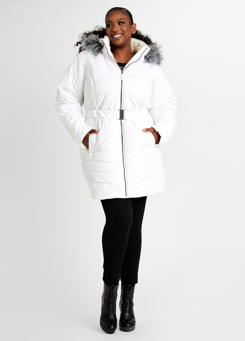Belted Fur Trim Hooded Puffer Coat, White image number 0