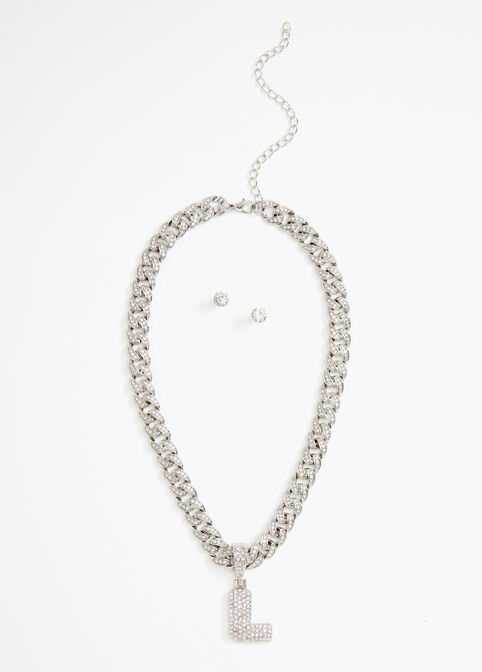 Pave Link L Initial Chain & Studs, Silver image number 1