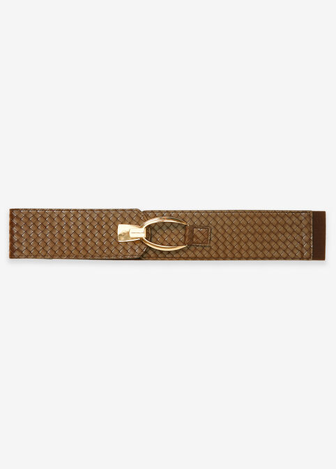 Basketweave Faux Leather Belt, Brown image number 1