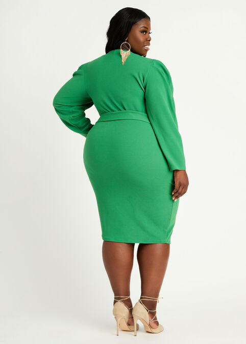 Belted Puff Sleeve Midi Dress, Grass Green image number 1