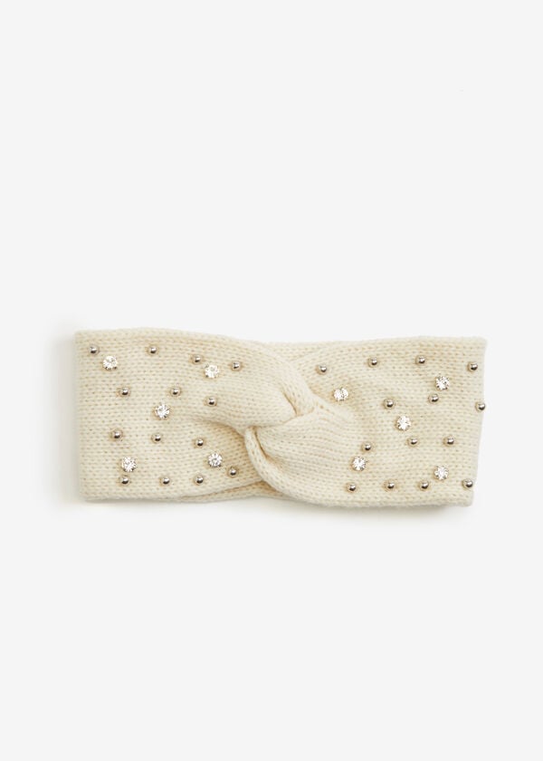 Embellished Ribbed Knit Headband, Ivory image number 0