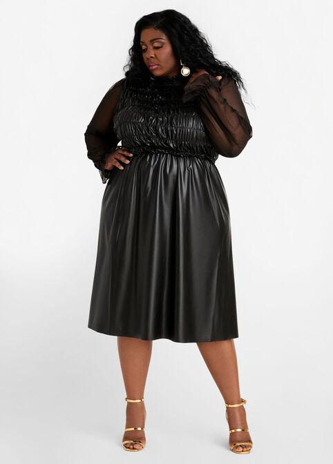 Plus Size Faux Leather Smocked Bodice Mesh Long Sleeve Party Dress