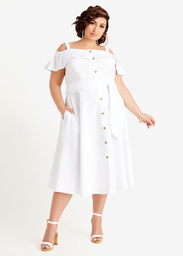 Poplin Cold Shoulder Midi Dress, White image number 0