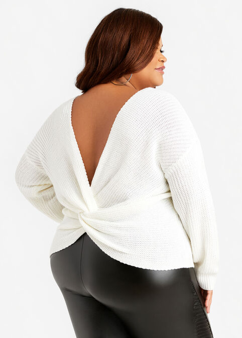 Knot Plunge Back Sweater, White image number 0