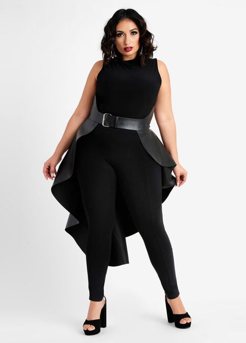 Trendy Faux Leather Asymmetric Wrap Skirt Hi Low Waist Belt