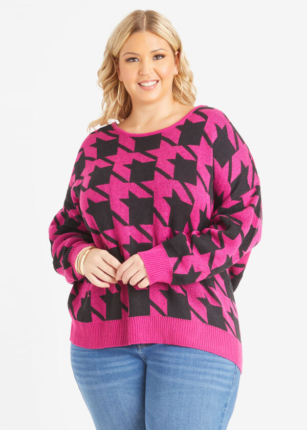 Houndstooth Knotted Sweater, Fuchsia Red image number 1