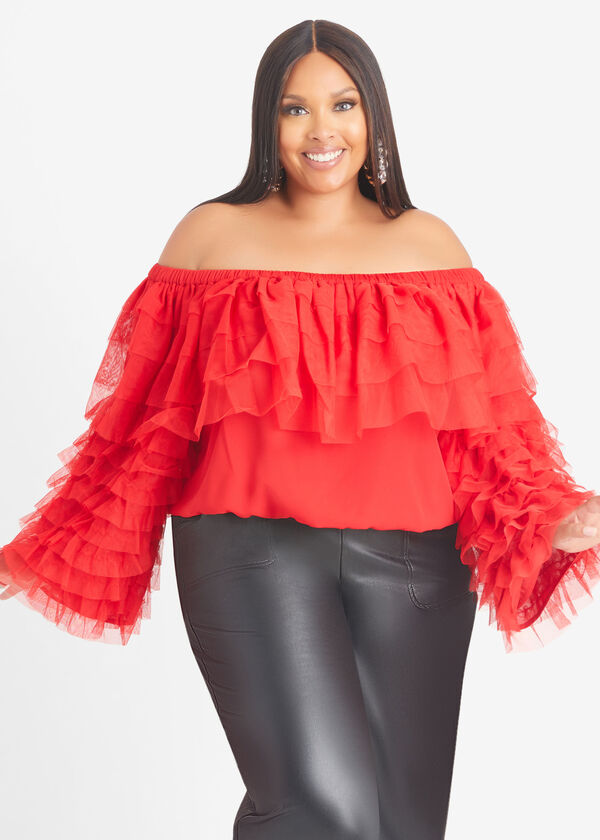 Ruffled Off The Shoulder Top, Barbados Cherry image number 0