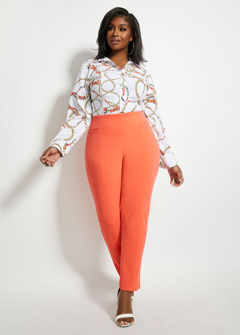 Crepe Pull-On Straight-Leg Pants, Hot Coral image number 2