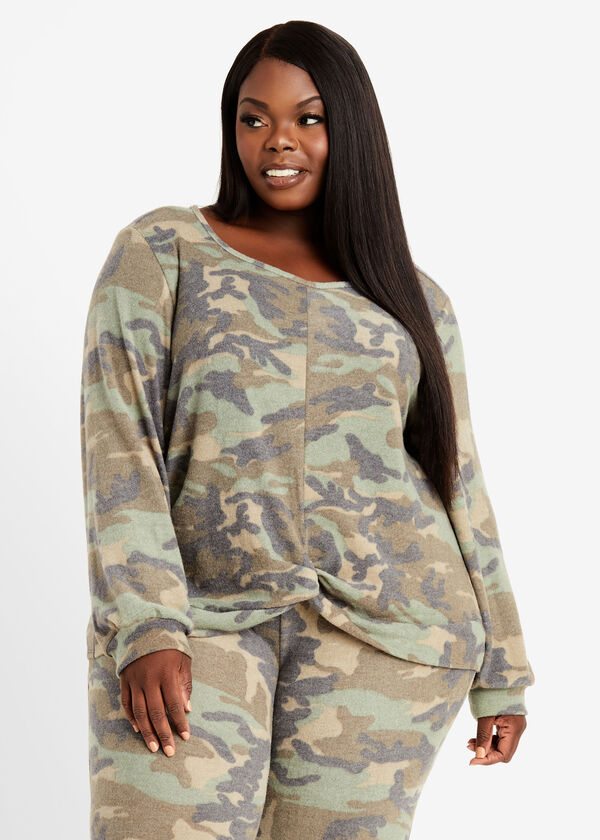 Cozy Lounge Print Twist Front Top, Olive image number 0