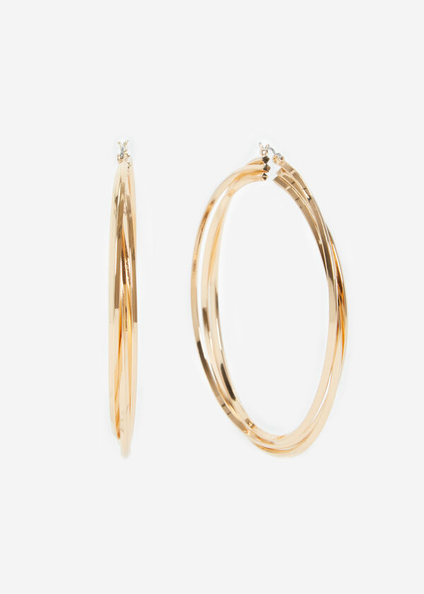 Gold Twisted Large Hoop Earrings, Gold image number 2