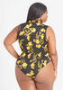 Floral Print Faux Wrap Bodysuit, Black Combo image number 1