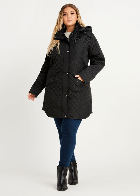 Plus Size Quilted Drawstring Hooded Long Puffer Zip Snap Front Coat image number 0