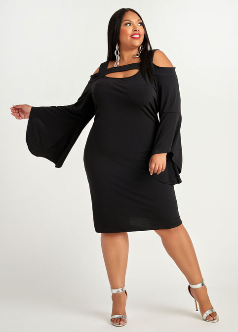 Cold Shoulder Cutout Sheath Dress, Black image
