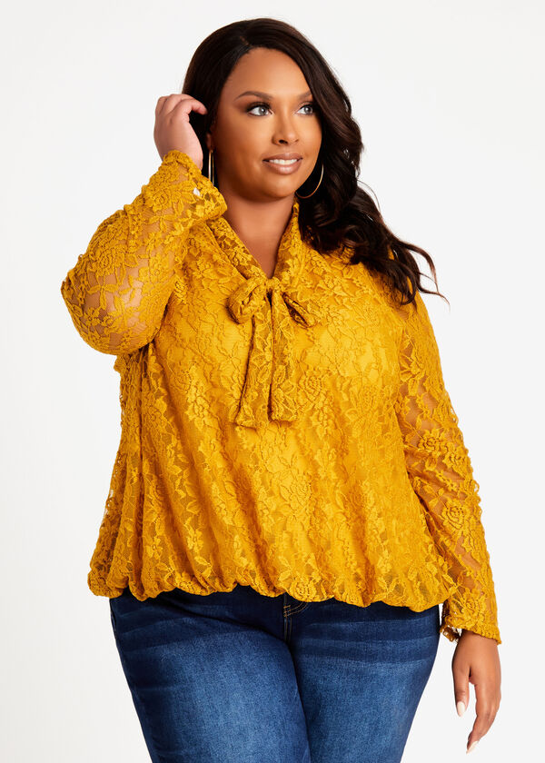Lace Tie Neck Bubble Top, Nugget Gold image number 0