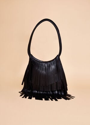 Fringed Faux Leather Bag, Black image number 1