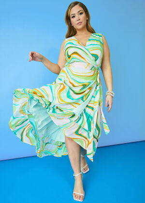 Swirl Print Midi Wrap Dress, Jade Lime image number 0