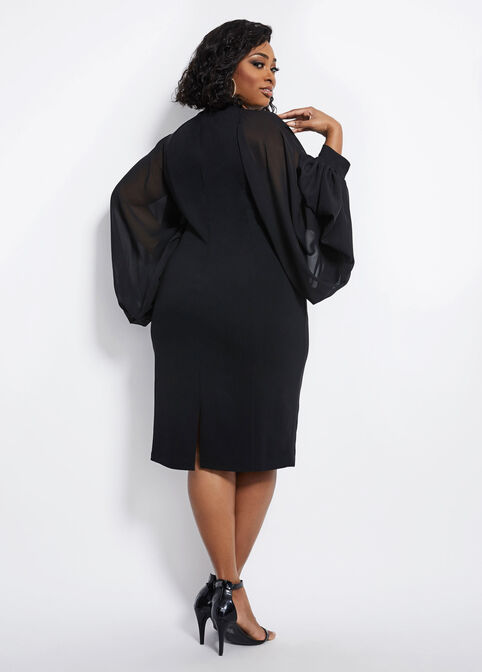 Embellished Sheer Sleeve Dress, Black image number 1