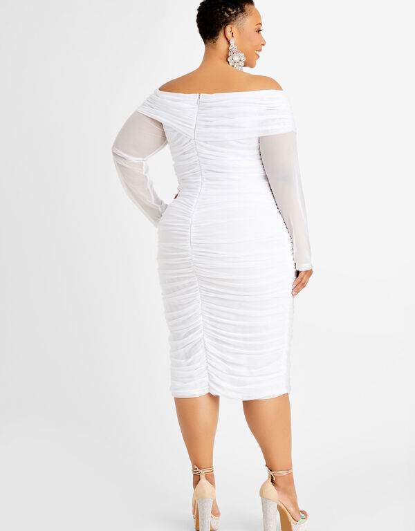 Ruched Mesh Off Shoulder Dress, White image number 1