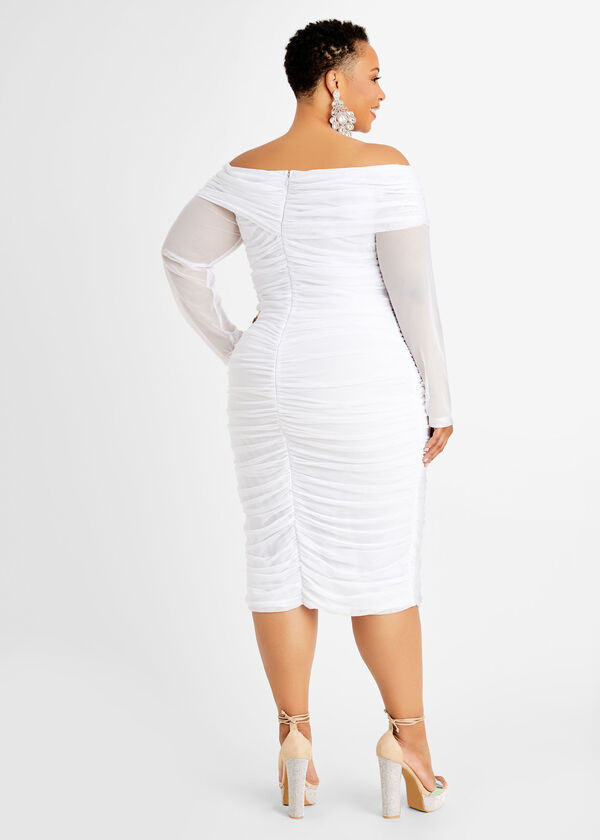 Ruched Mesh Off Shoulder Dress, White image number 1