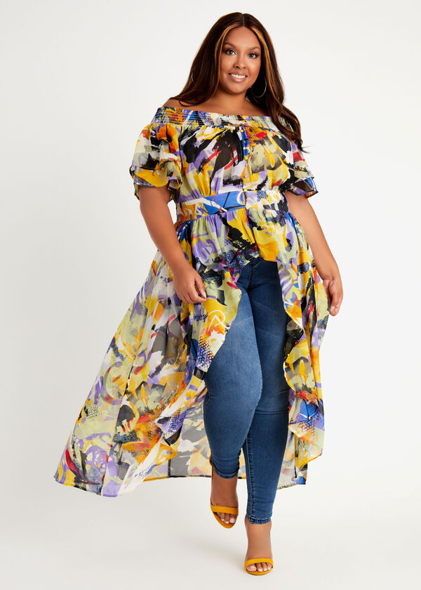 Plus Size Abstract Off The Shoulder Puff Sleeve Hi Low Duster Top