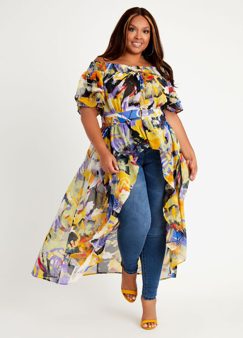 Abstract Off Shoulder Duster Top, Multi image number 0