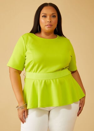 Belted Scuba Peplum Top, LIME PUNCH image number 0
