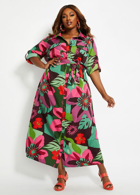 Belted Floral Maxi Shirtdress, Multi image number 0