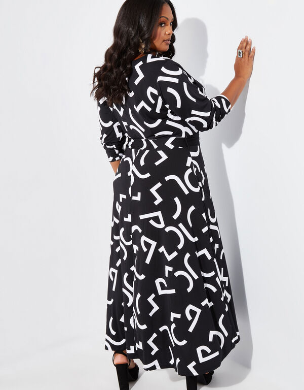 Short Printed Belted Maxi Dress, Black White image number 1